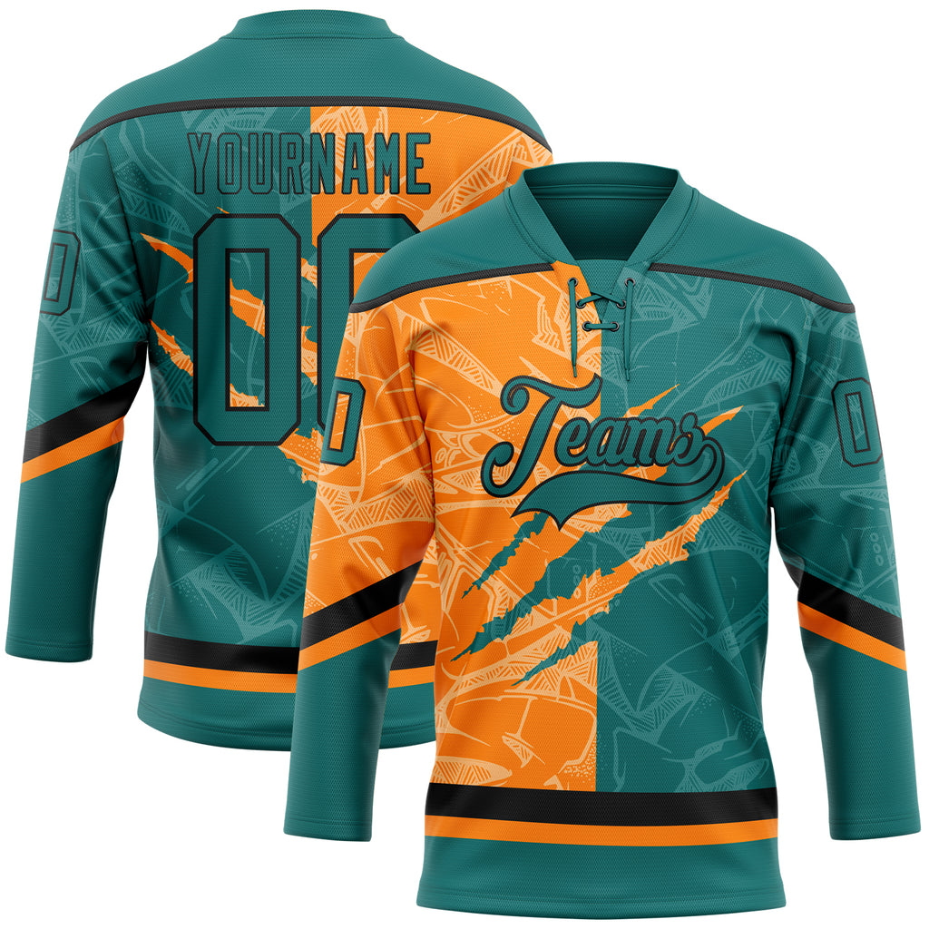 Custom Teal Bay Orange-Black 3D Pattern Gradient Fashion Scratch Hockey Lace Neck Jersey