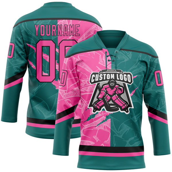 Custom Teal Pink-Black 3D Pattern Gradient Fashion Scratch Hockey Lace Neck Jersey