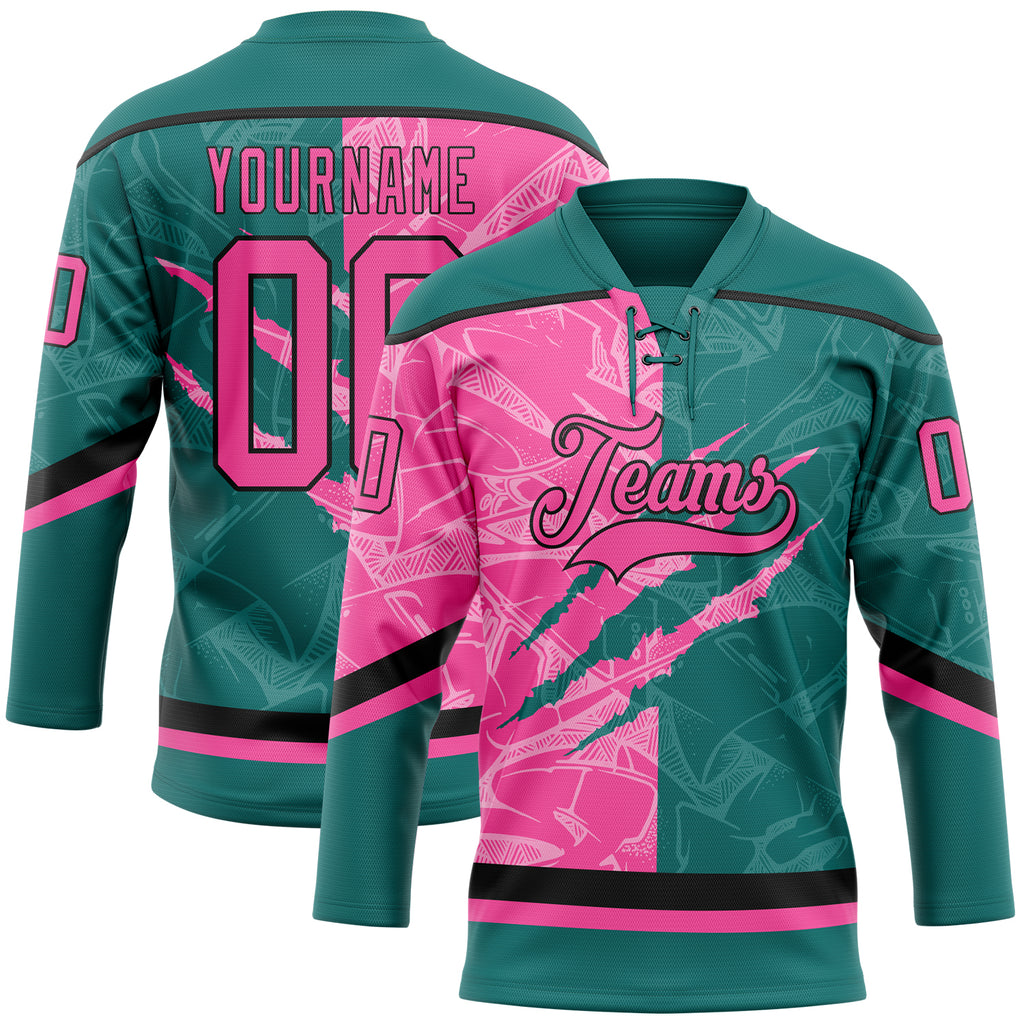 Custom Teal Pink-Black 3D Pattern Gradient Fashion Scratch Hockey Lace Neck Jersey
