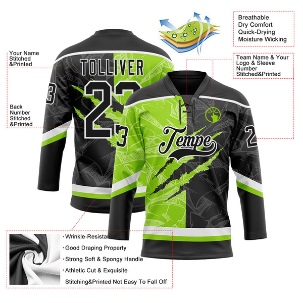 Custom Black Neon Green-White 3D Pattern Gradient Fashion Scratch Hockey Lace Neck Jersey
