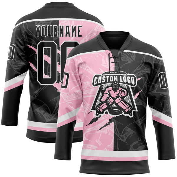 Custom Black Light Pink-White 3D Pattern Gradient Fashion Scratch Hockey Lace Neck Jersey