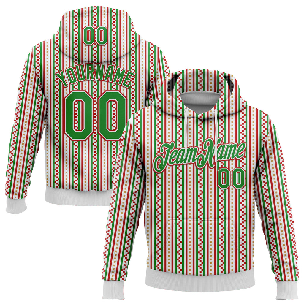 Custom Stitched White Grass Green-Red 3D Christmas Stripe Sports Pullover Sweatshirt Hoodie