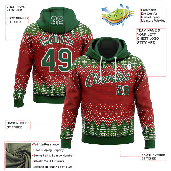 Custom Stitched Red Green-White 3D Christmas Ugly Sweater Sports Pullover Sweatshirt Hoodie