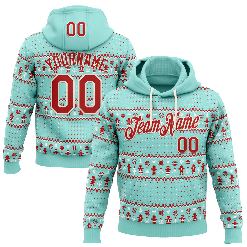 Custom Stitched Ice Blue Red-Cream 3D Christmas Ugly Sweater Sports Pullover Sweatshirt Hoodie