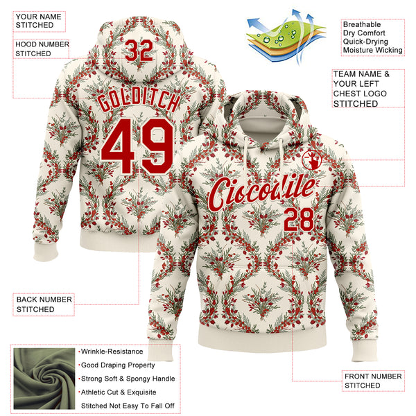 Custom Stitched Cream Red-Cream 3D Christmas Damask Floral Sports Pullover Sweatshirt Hoodie