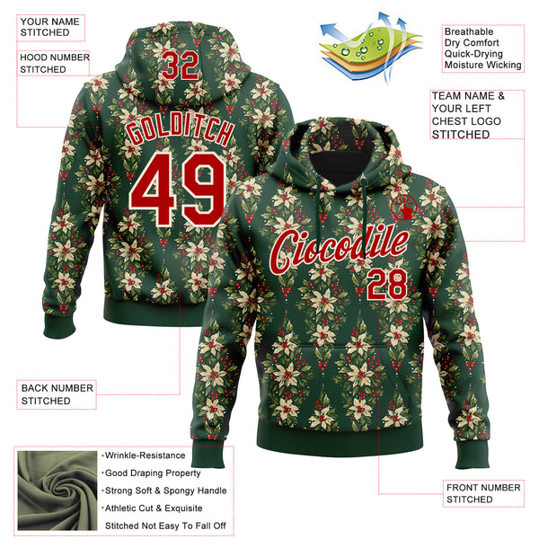 Custom Stitched Green Red-Cream 3D Christmas Floral Sports Pullover Sweatshirt Hoodie