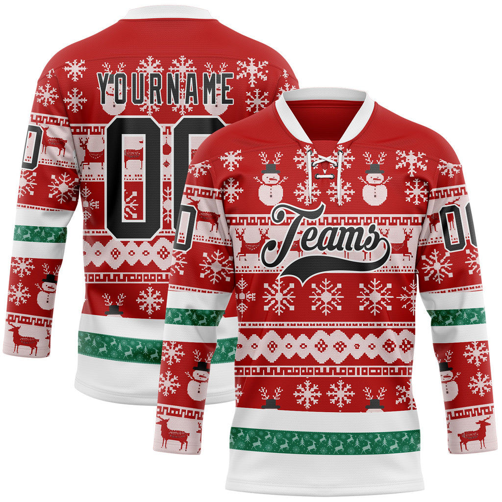Custom Red Black-White 3D Christmas Ugly Sweater Hockey Lace Neck Jersey