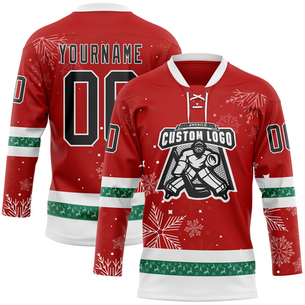 Custom Red Black-White 3D Christmas Hockey Lace Neck Jersey