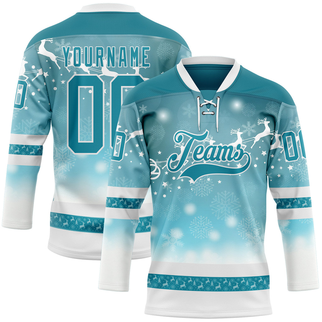 Custom Teal Teal-White 3D Christmas Reindeer Hockey Lace Neck Jersey