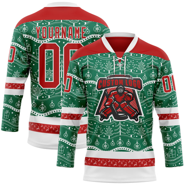 Custom Kelly Green Red-White 3D Christmas Hockey Lace Neck Jersey