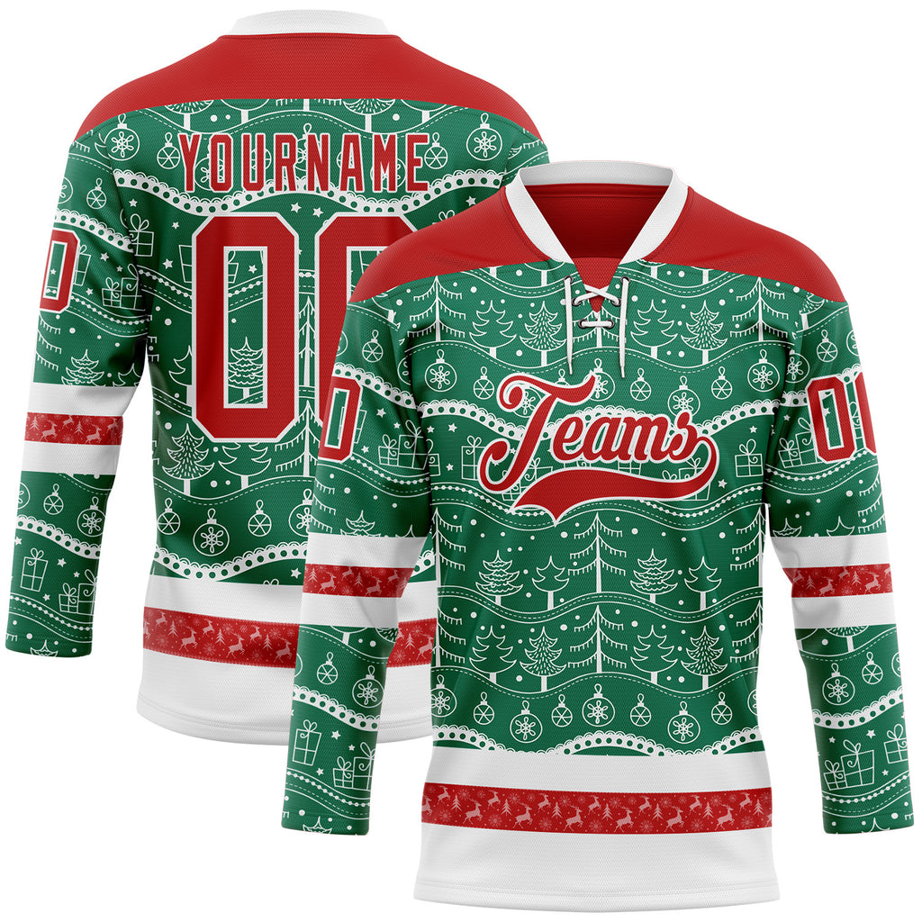 Custom Kelly Green Red-White 3D Christmas Hockey Lace Neck Jersey