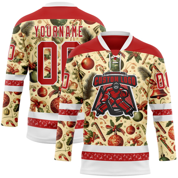 Custom Red Red-White 3D Christmas Hockey Lace Neck Jersey