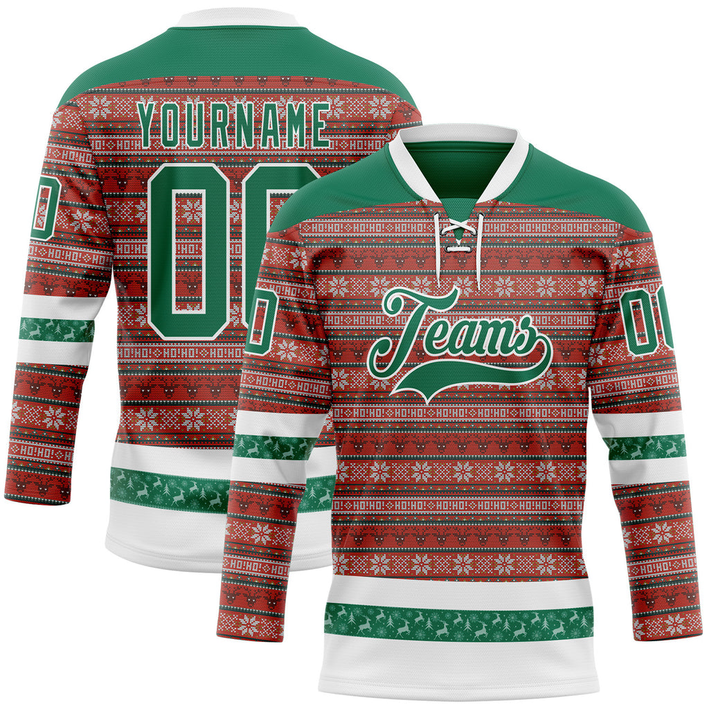 Custom Red Kelly Green-White 3D Christmas Ugly Sweater Hockey Lace Neck Jersey