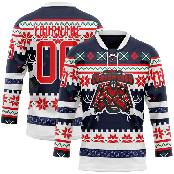 Custom Navy Fire Red-White 3D Christmas Ugly Sweater Hockey Lace Neck Jersey