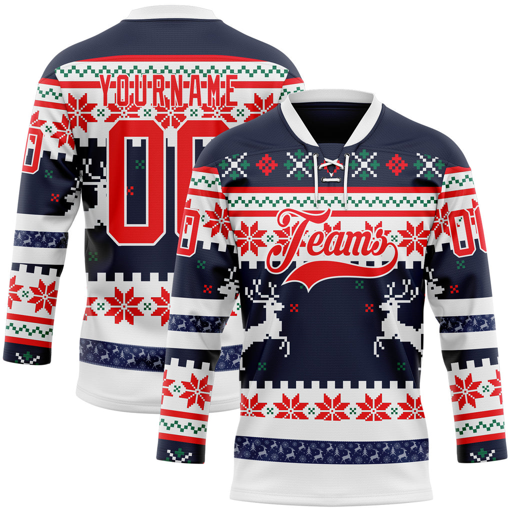 Custom Navy Fire Red-White 3D Christmas Ugly Sweater Hockey Lace Neck Jersey