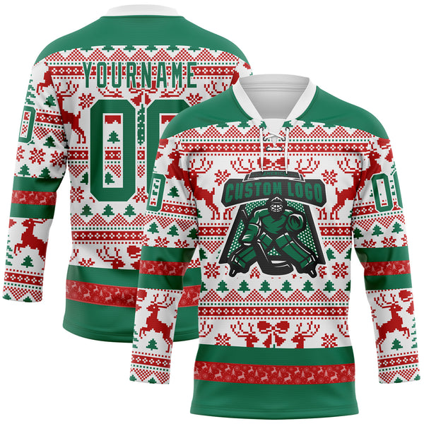 Custom Red Kelly Green-White 3D Christmas Ugly Sweater Hockey Lace Neck Jersey