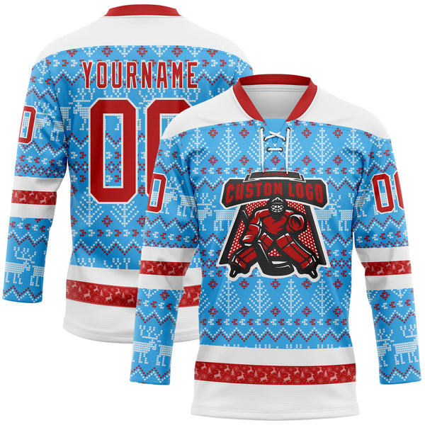 Custom Sky Blue Red-White 3D Christmas Ugly Sweater Hockey Lace Neck Jersey
