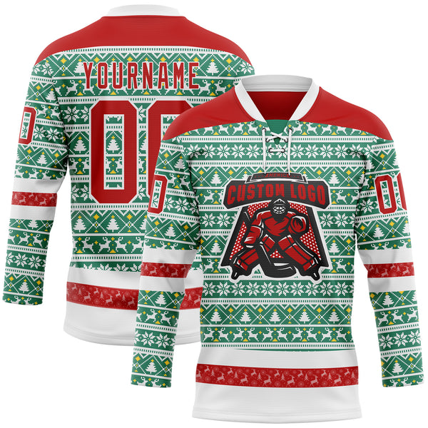 Custom Kelly Green Red-White 3D Christmas Ugly Sweater Hockey Lace Neck Jersey