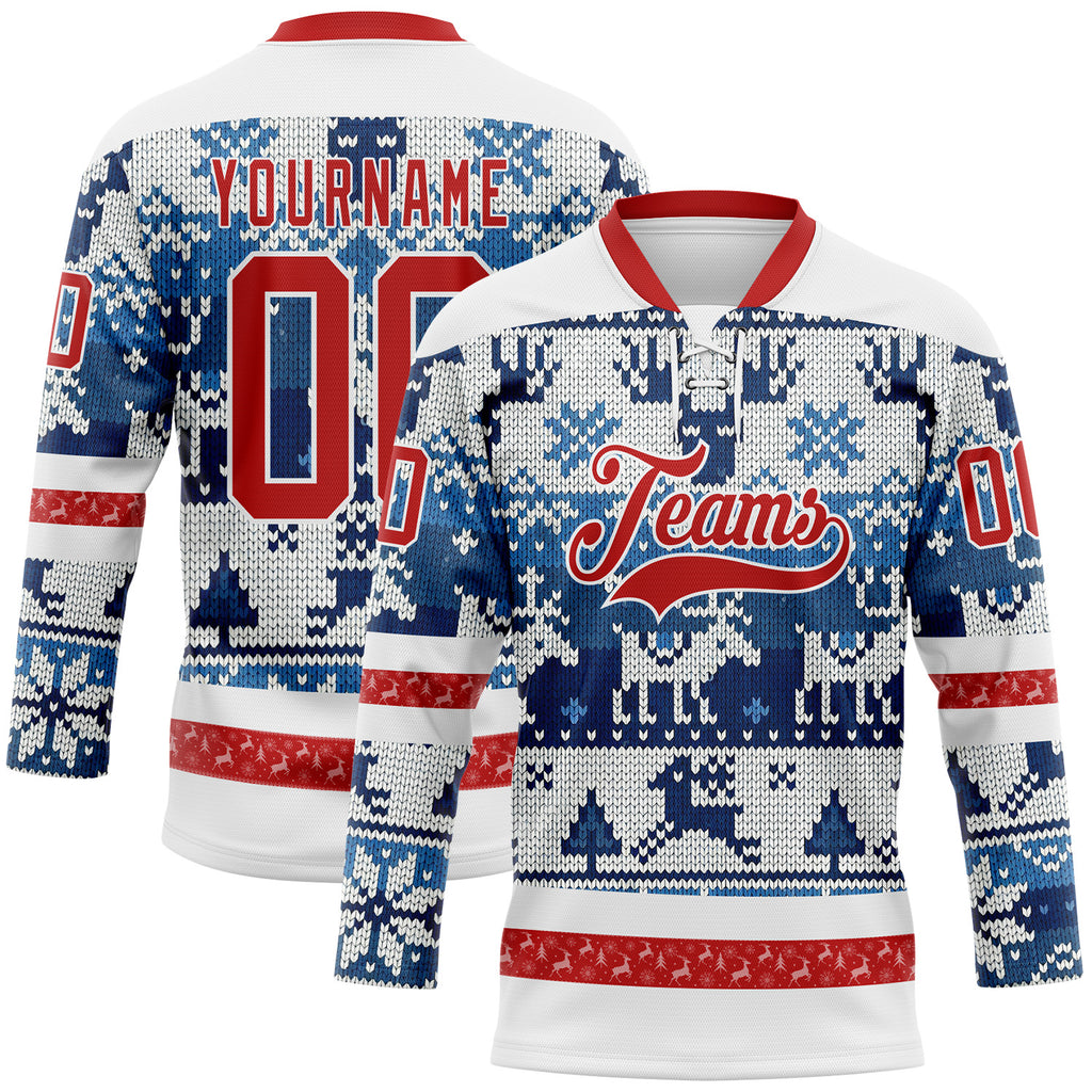 Custom Blue Red-White 3D Christmas Ugly Sweater Hockey Lace Neck Jersey