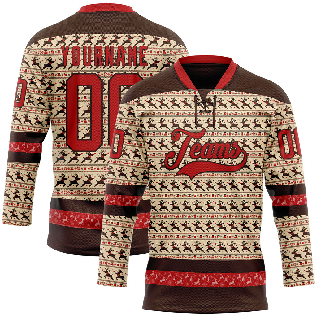Custom City Cream Red-Brown 3D Christmas Hockey Lace Neck Jersey