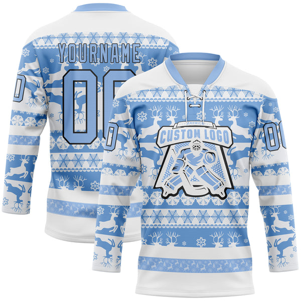 Custom White Light Blue-Black 3D Christmas Ugly Sweater Hockey Lace Neck Jersey