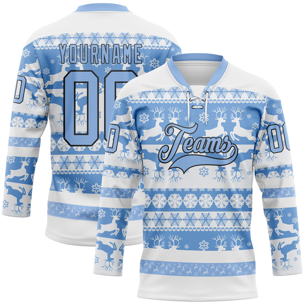 Custom White Light Blue-Black 3D Christmas Ugly Sweater Hockey Lace Neck Jersey