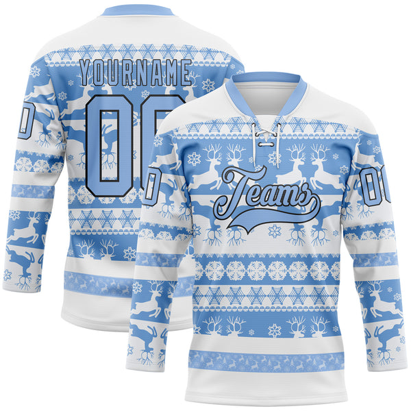 Custom White Light Blue-Black 3D Christmas Ugly Sweater Hockey Lace Neck Jersey