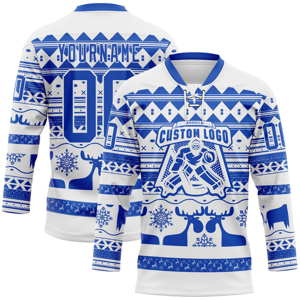 Custom White Thunder Blue-White 3D Christmas Ugly Sweater Hockey Lace Neck Jersey