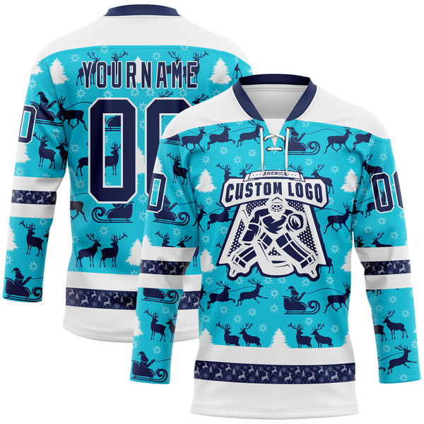 Custom Lakes Blue Navy-White 3D Christmas Hockey Lace Neck Jersey