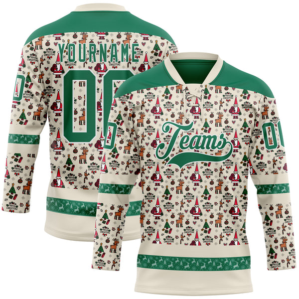 Custom Cream Kelly Green-White 3D Christmas Hockey Lace Neck Jersey