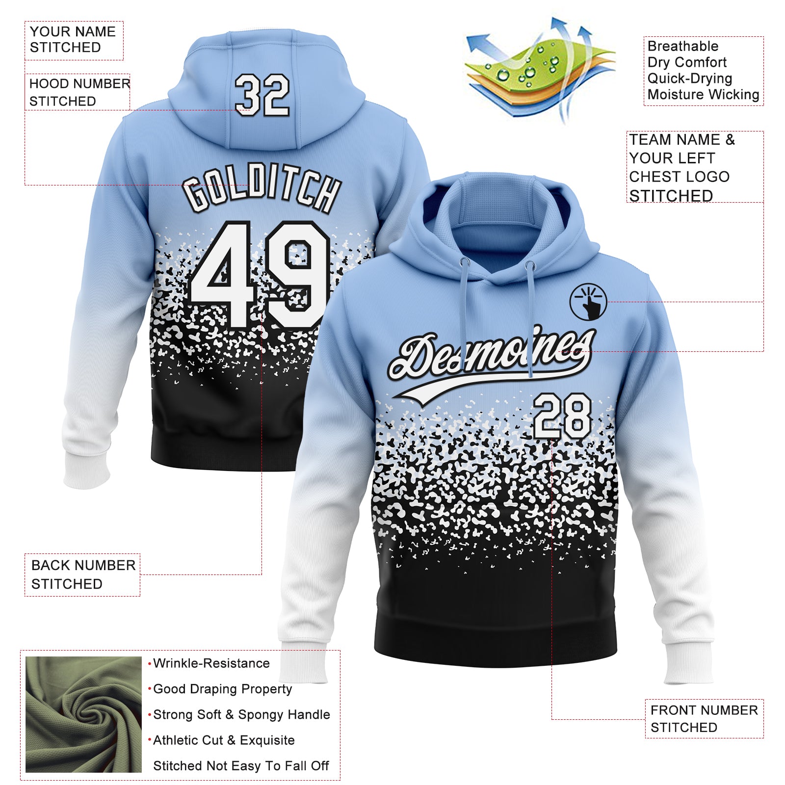 Custom Stitched Light Blue White-Black 3D Pattern Design Abstract Shape Sports Pullover Sweatshirt Hoodie