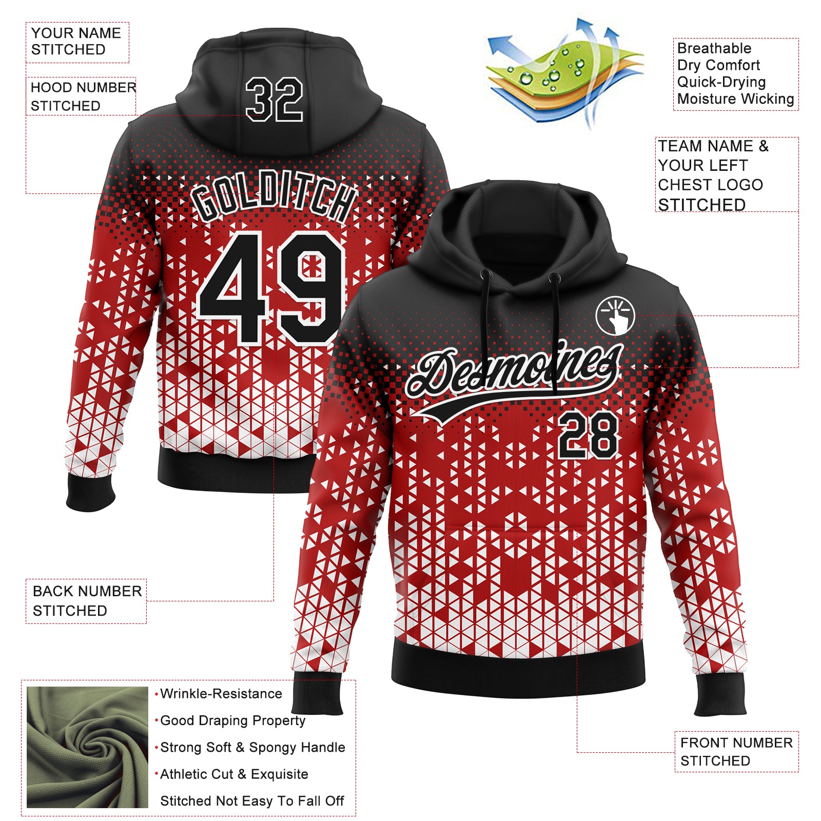 Custom Stitched Red Black-White 3D Pattern Design Geometrico Graph Sports Pullover Sweatshirt Hoodie
