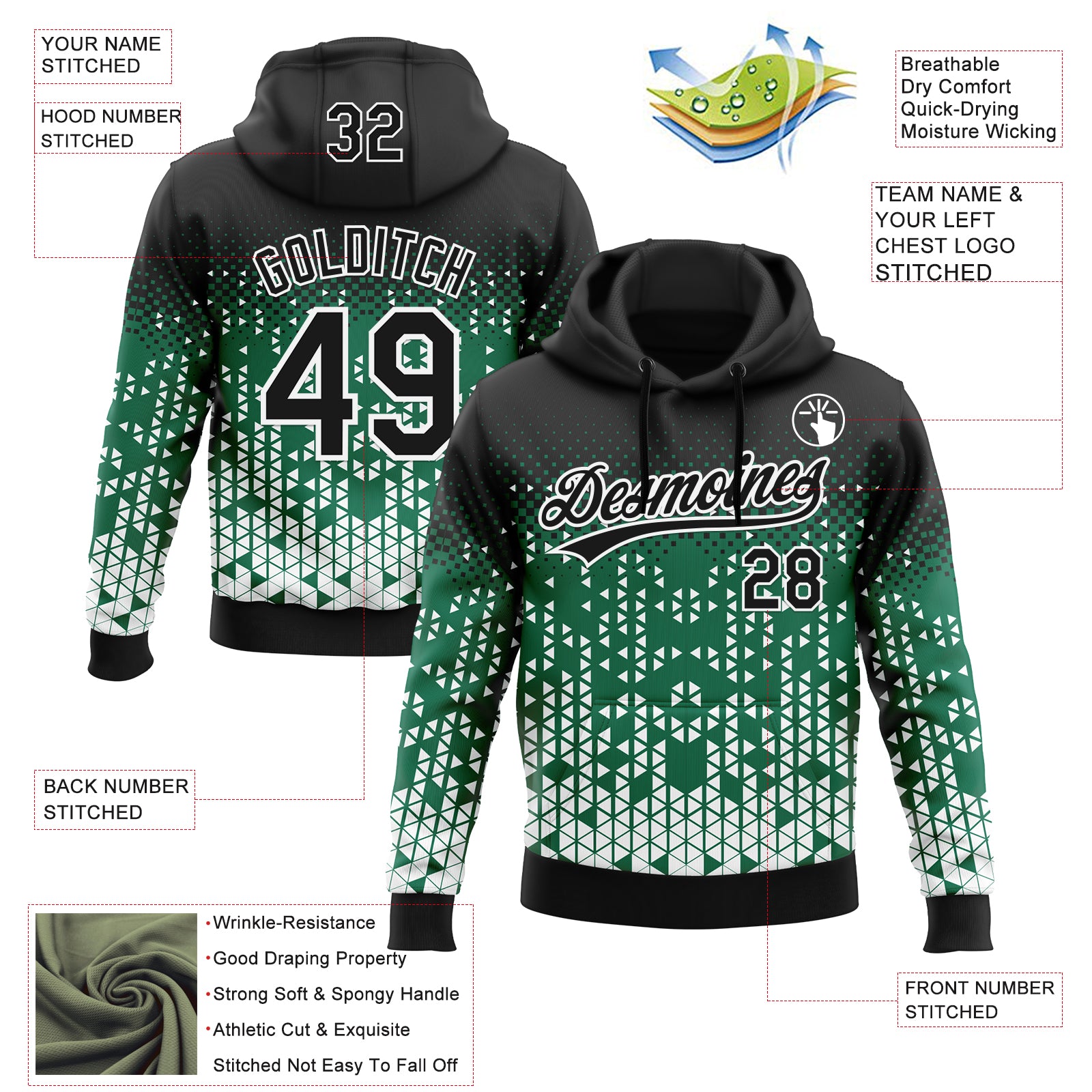 Custom Stitched Kelly Green Black-White 3D Pattern Design Geometrico Graph Sports Pullover Sweatshirt Hoodie