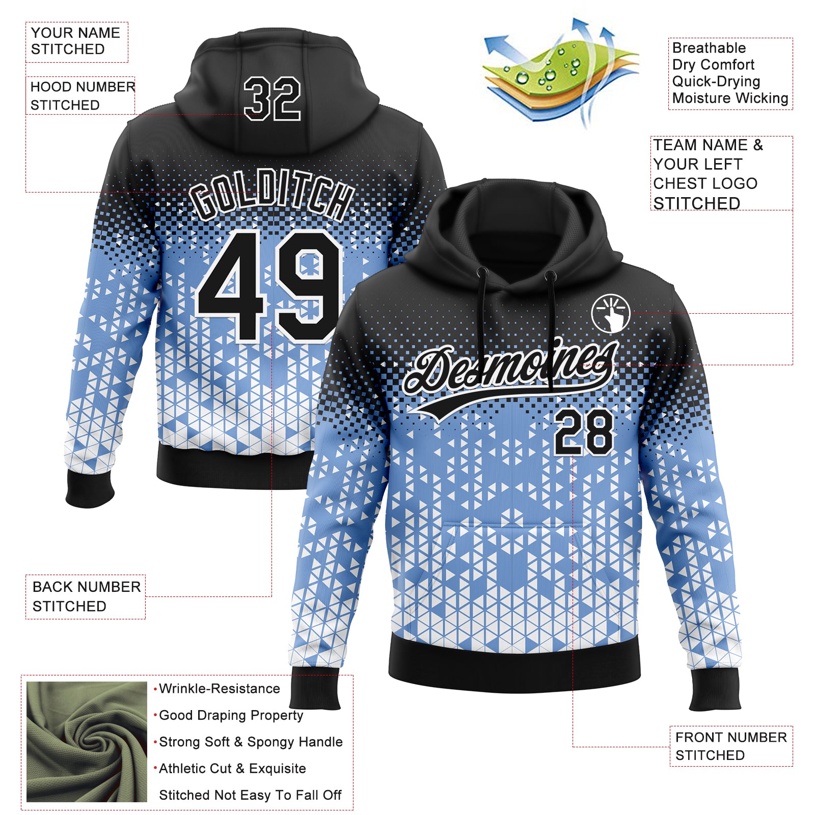 Custom Stitched Light Blue Black-White 3D Pattern Design Geometrico Graph Sports Pullover Sweatshirt Hoodie