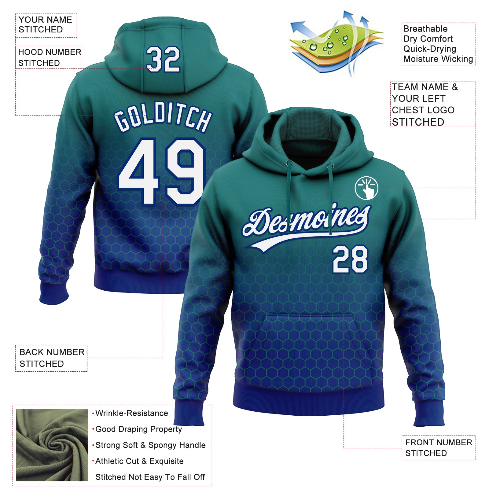 Custom Stitched Teal White-Royal 3D Pattern Design Geometrico Graph Sports Pullover Sweatshirt Hoodie