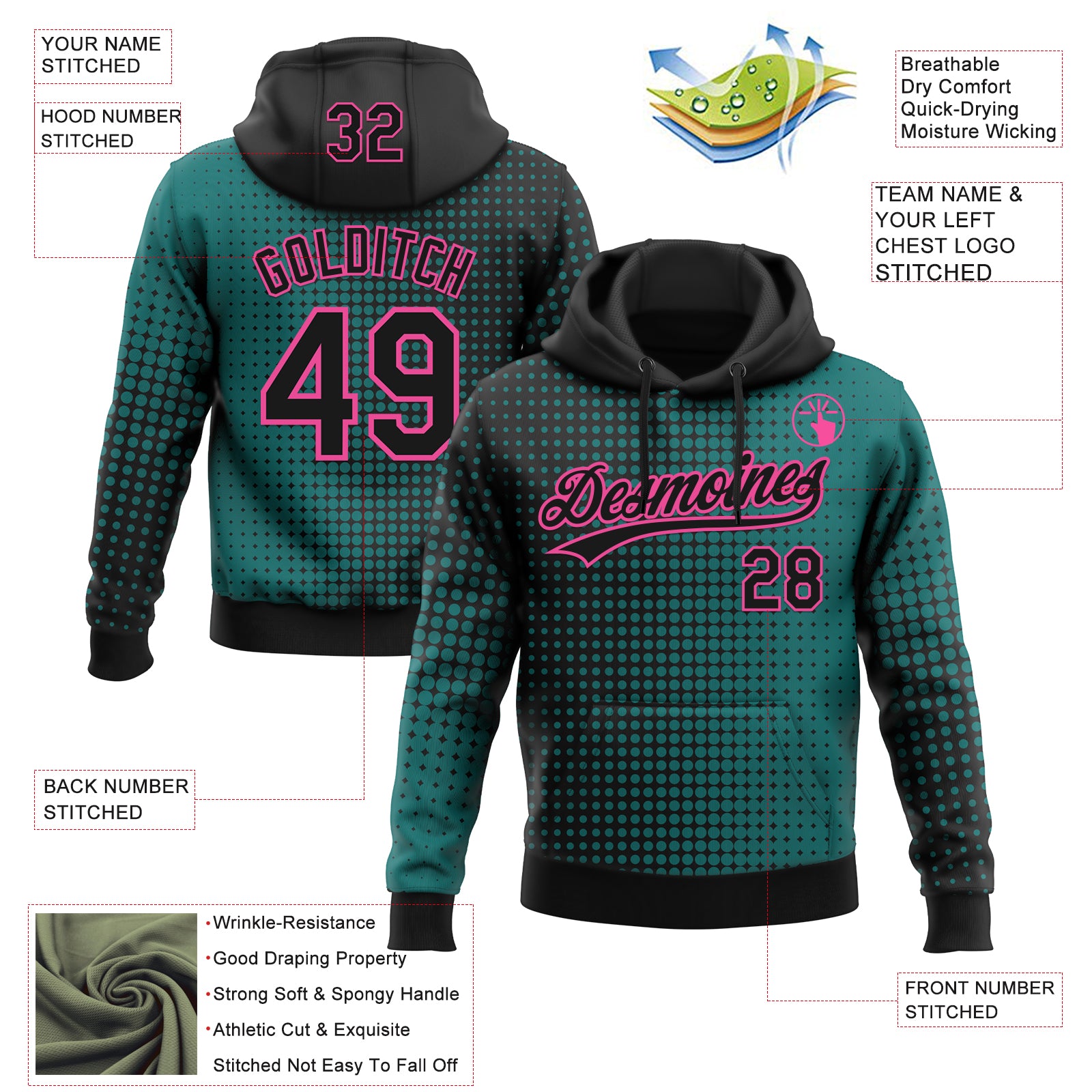 Custom Stitched Teal Black-Pink 3D Pattern Design Geometrico Graph Sports Pullover Sweatshirt Hoodie