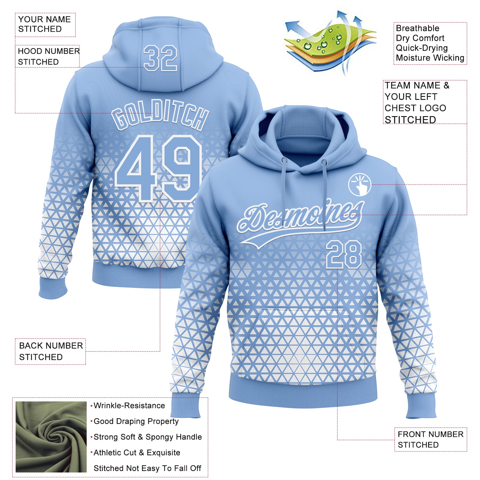 Custom Stitched Light Blue Light Blue-White 3D Pattern Design Geometrico Graph Sports Pullover Sweatshirt Hoodie