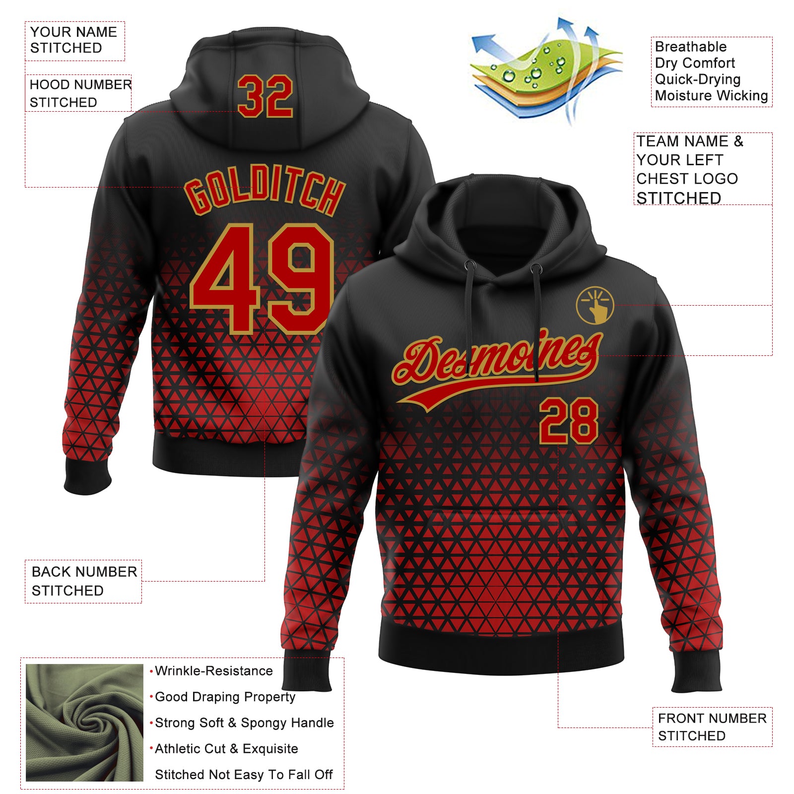 Custom Stitched Black Red-Old Gold 3D Pattern Design Geometrico Graph Sports Pullover Sweatshirt Hoodie