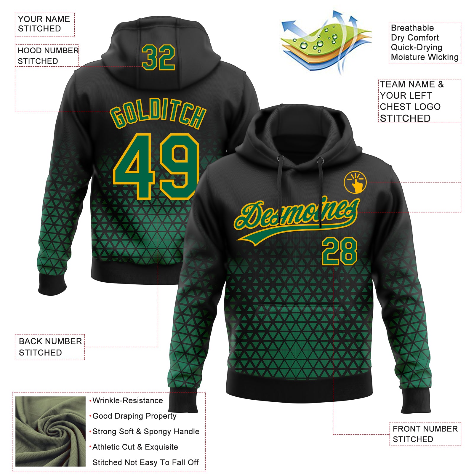 Custom Stitched Black Kelly Green-Gold 3D Pattern Design Geometrico Graph Sports Pullover Sweatshirt Hoodie