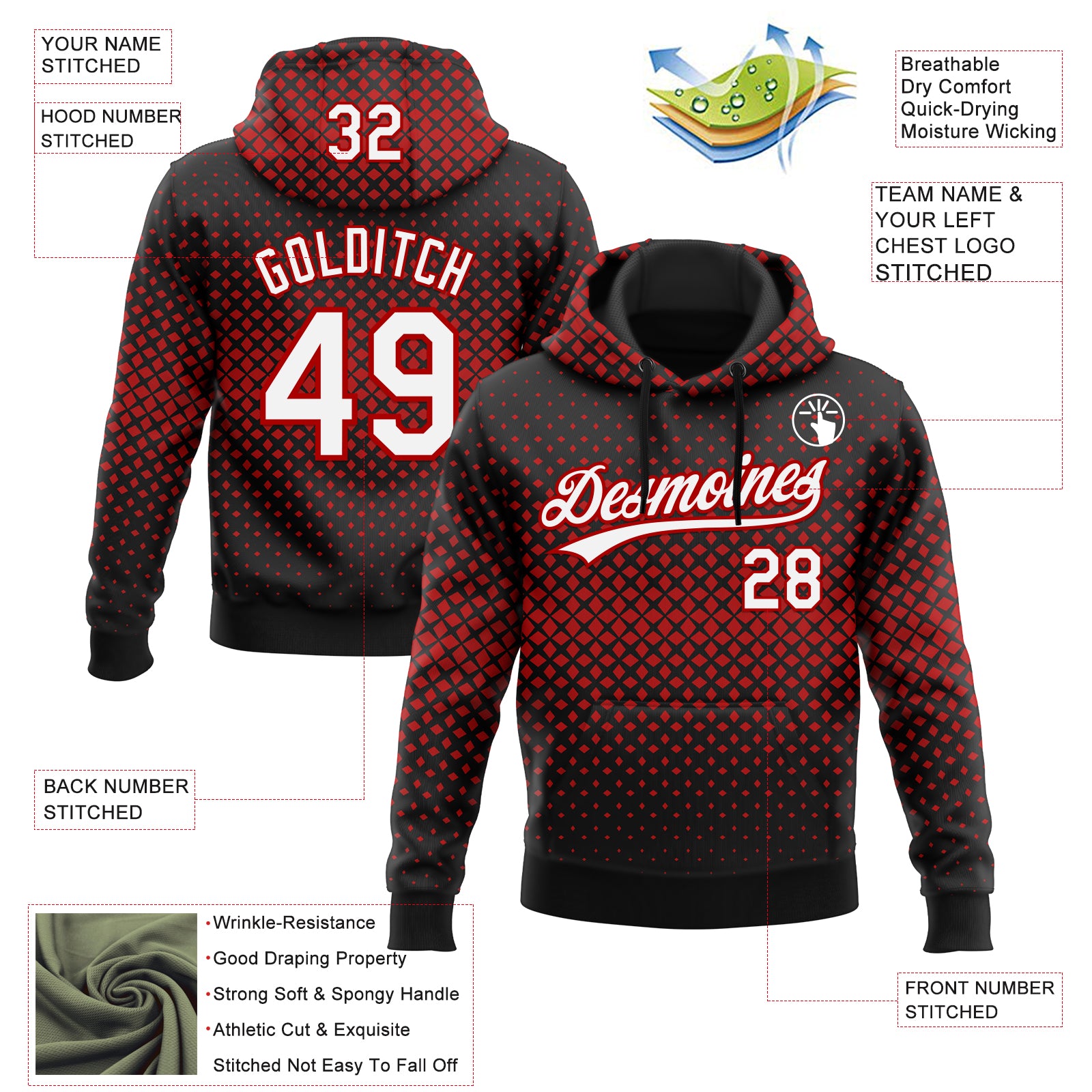 Custom Stitched Black White-Red 3D Pattern Design Geometrico Graph Sports Pullover Sweatshirt Hoodie