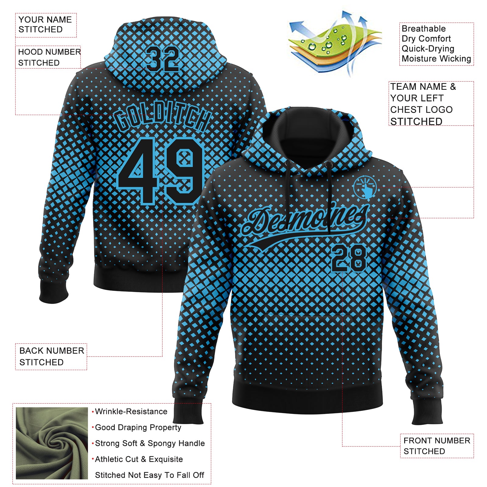 Custom Stitched Black Black-Sky Blue 3D Pattern Design Geometrico Graph Sports Pullover Sweatshirt Hoodie