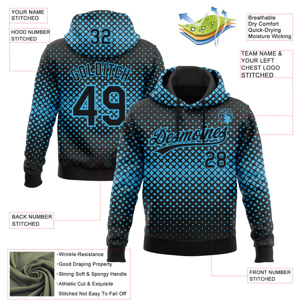 Custom Stitched Black Black-Sky Blue 3D Pattern Design Geometrico Graph Sports Pullover Sweatshirt Hoodie
