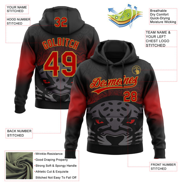 Custom Stitched Black Red-Old Gold 3D Pattern Design Leopardo Sports Pullover Sweatshirt Hoodie