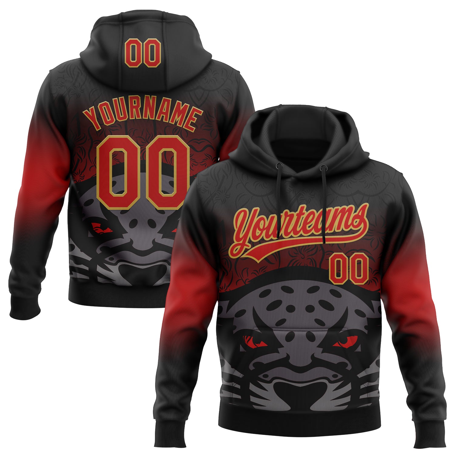 Custom Stitched Black Red-Old Gold 3D Pattern Design Leopardo Sports Pullover Sweatshirt Hoodie