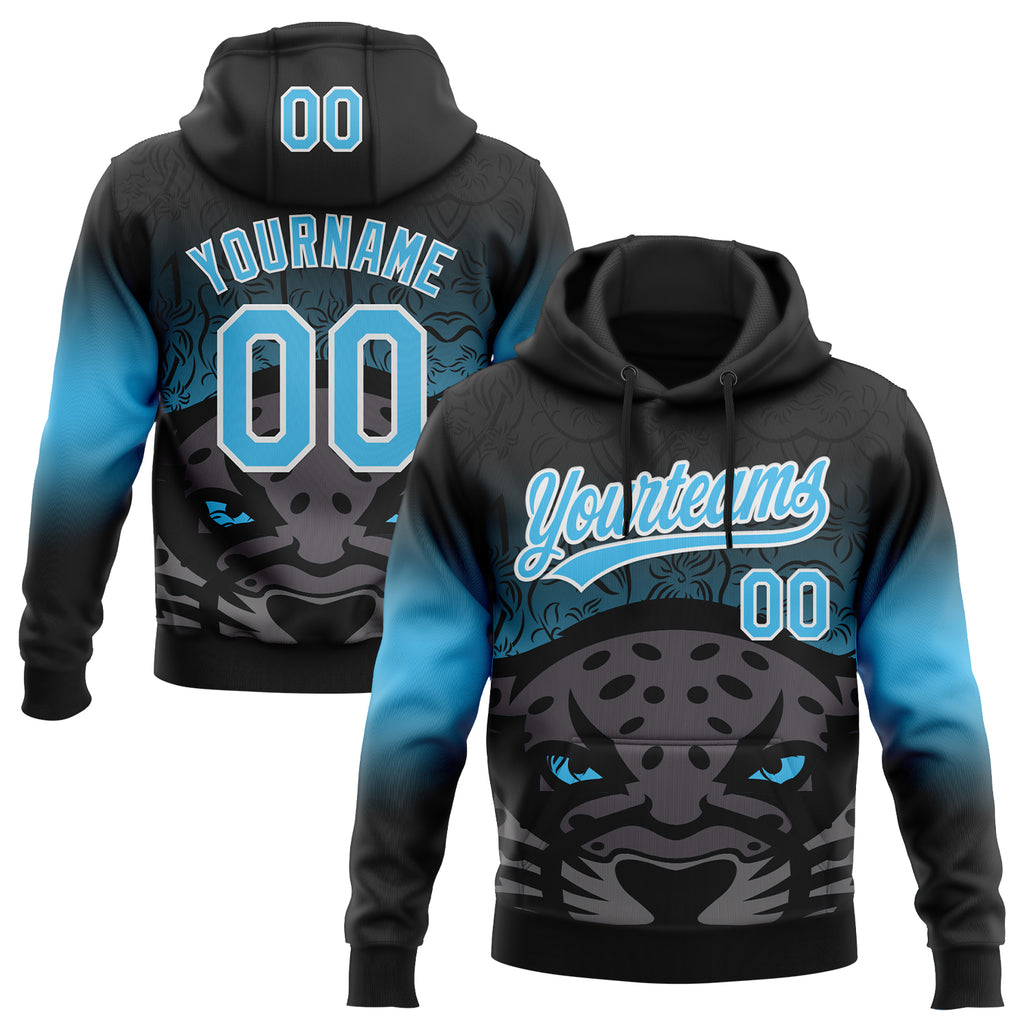 Custom Stitched Black Sky Blue-White 3D Pattern Design Leopardo Sports Pullover Sweatshirt Hoodie