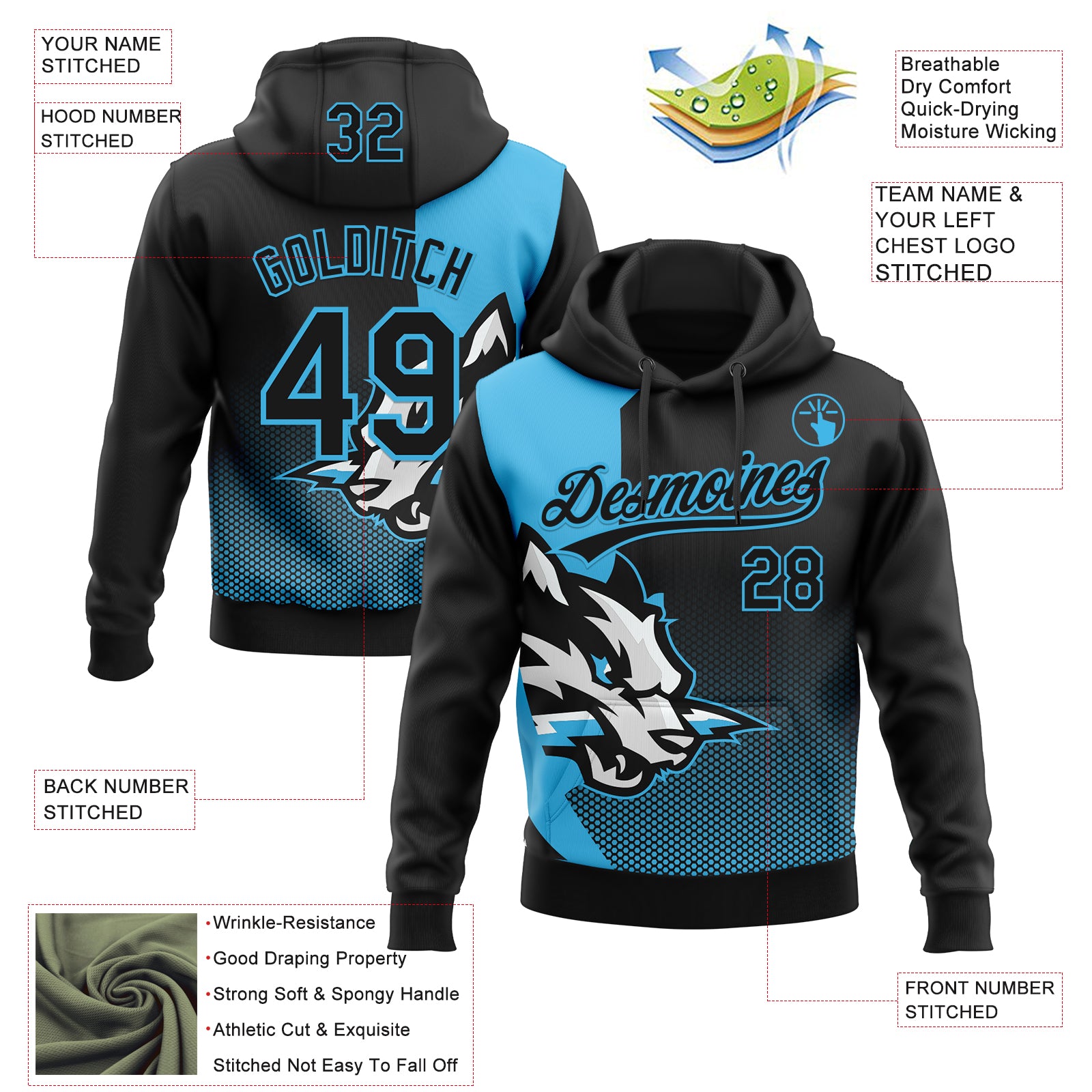 Custom Stitched Black Black-Sky Blue 3D Pattern Design Wolf Sports Pullover Sweatshirt Hoodie