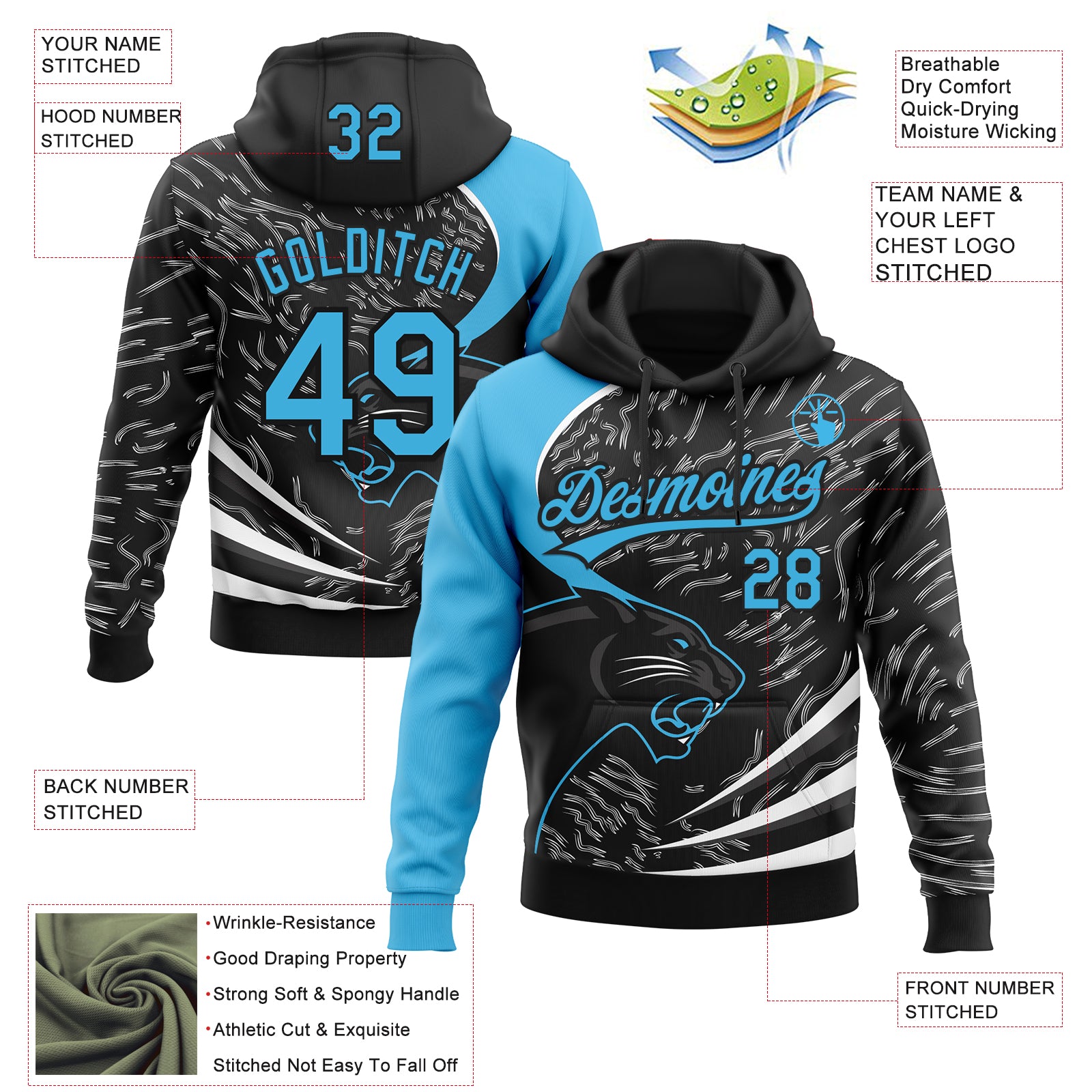 Custom Stitched Black Sky Blue-Black 3D Pattern Design Leopardo Sports Pullover Sweatshirt Hoodie