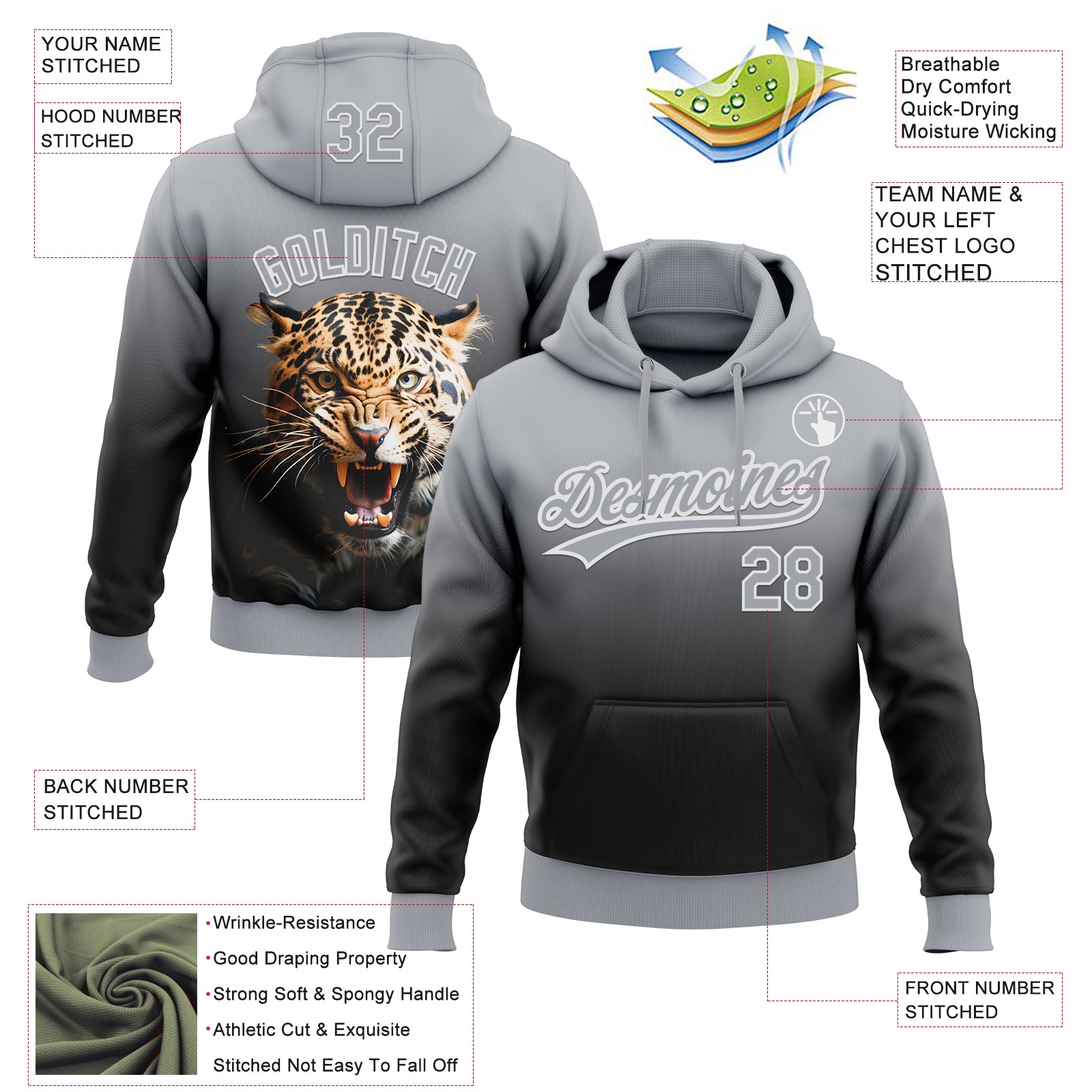 Custom Stitched Black Gray-White 3D Pattern Design Leopardo Sports Pullover Sweatshirt Hoodie