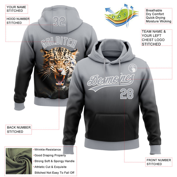 Custom Stitched Black Gray-White 3D Pattern Design Leopardo Sports Pullover Sweatshirt Hoodie