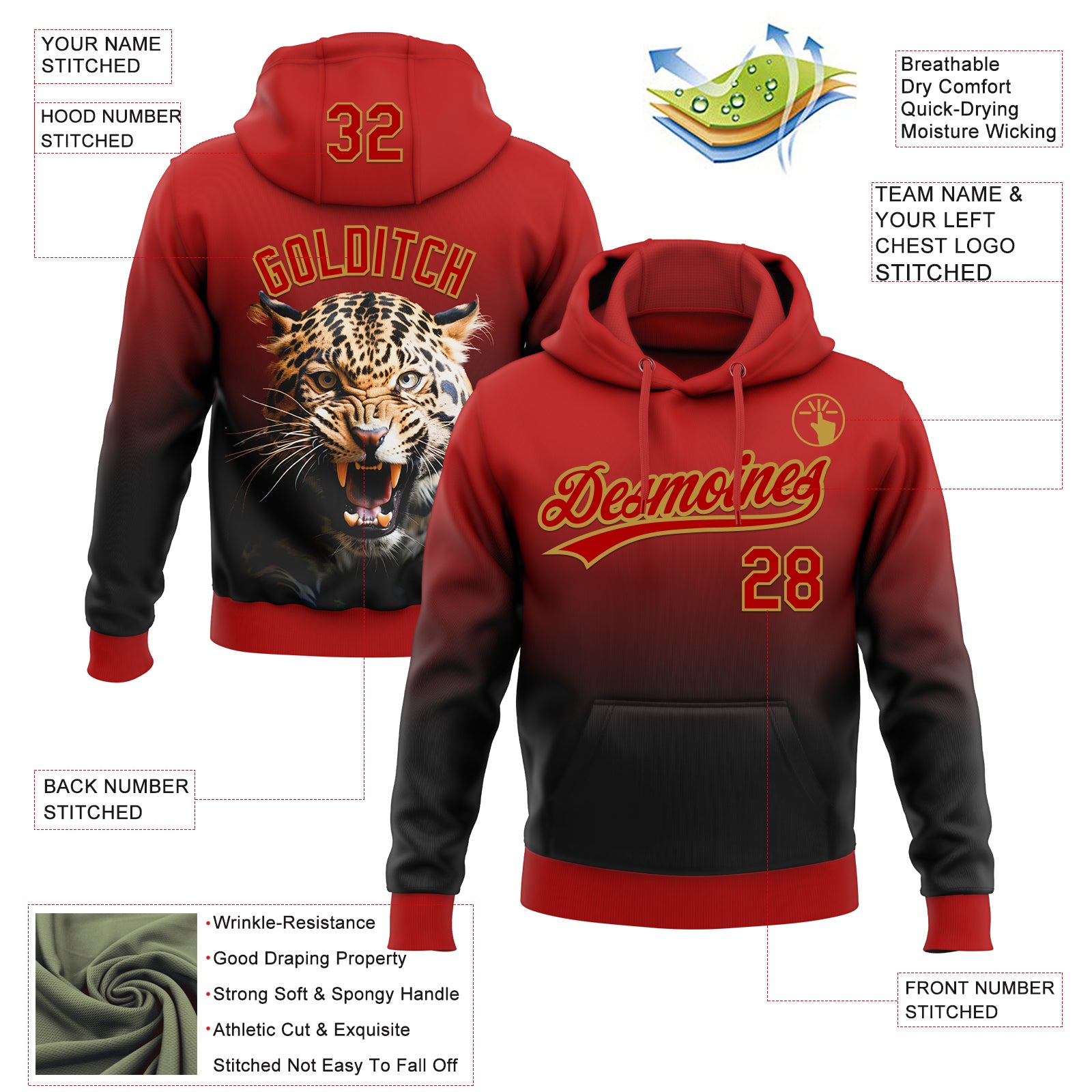 Custom Stitched Black Red-Old Gold 3D Pattern Design Leopardo Sports Pullover Sweatshirt Hoodie